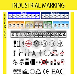 Industrial marking of product packaging. Waste recycling codes. Vector graphics for the design of product standards. Permissive an photo